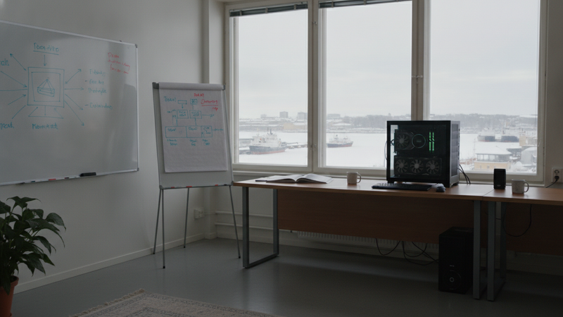 Ruhiges Forschungsbüro mit Blick auf einen verschneiten Hafen und einer Workstation mit Grafikkarten