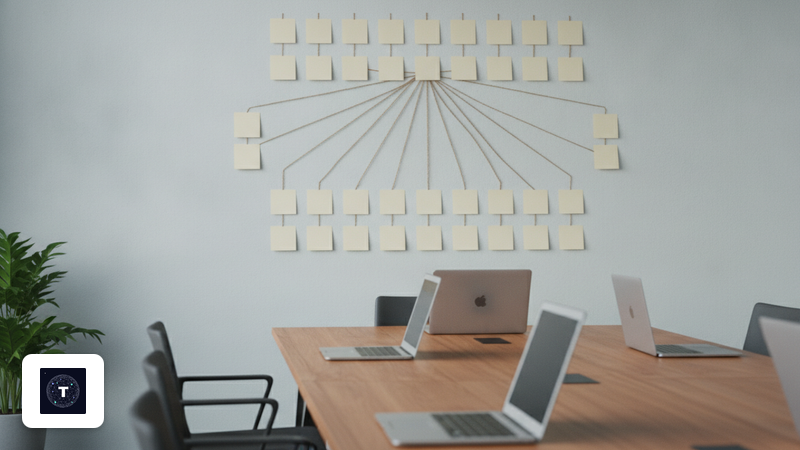 Helles Büro einer Personalabteilung mit Organigramm aus leeren Haftnotizen an der Wand