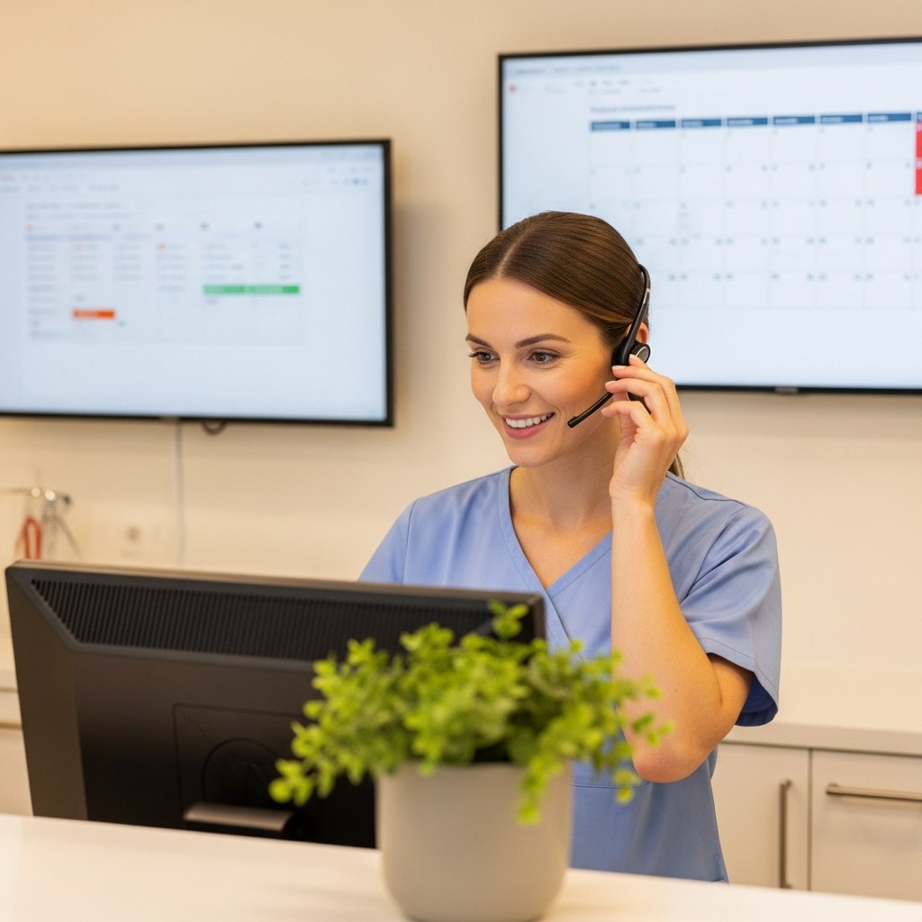 KI-Telefonassistent am Empfang einer Praxis &ndash; nimmt Anrufe entgegen und vereinbart Termine