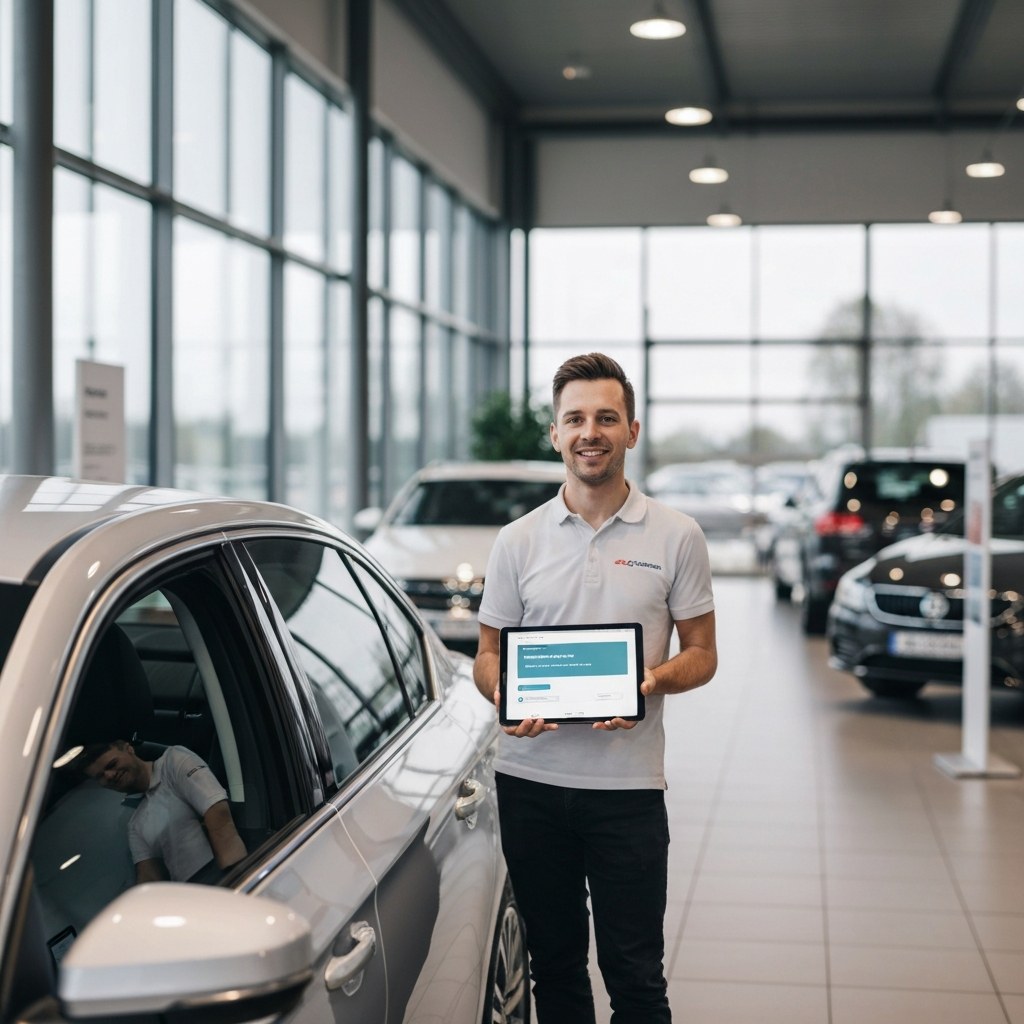 Autohaus-Schauraum mit Smartphone-Anzeige &ndash; KI unterstuetzt Verkaufs- und Service-Prozesse