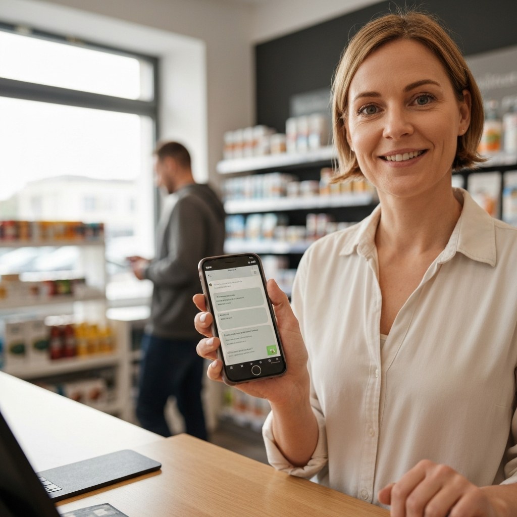 Ladenkasse mit Bildschirm und Kundenschlange &ndash; KI unterst&uuml;tzt die Kommunikation rund um den Laden