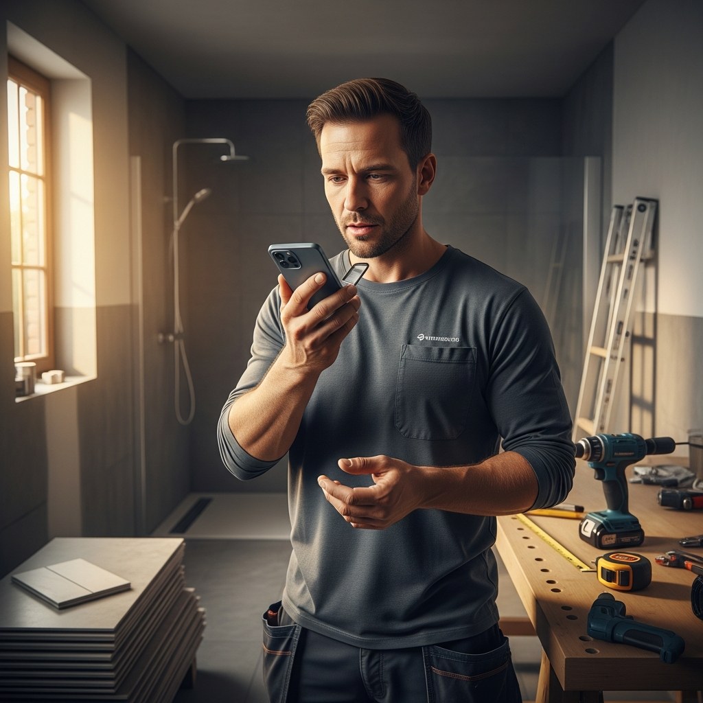 Handwerker mit Smartphone auf Baustelle &ndash; Sprachmemo wird per KI in Angebot umgewandelt