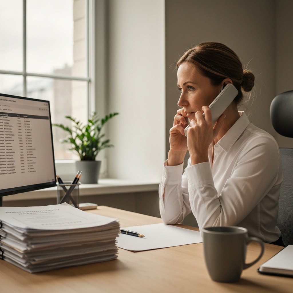 Schreibtisch einer Hausverwaltung mit Mahnschreiben und Bildschirm &ndash; KI bereitet Mahnungen und Antworten vor
