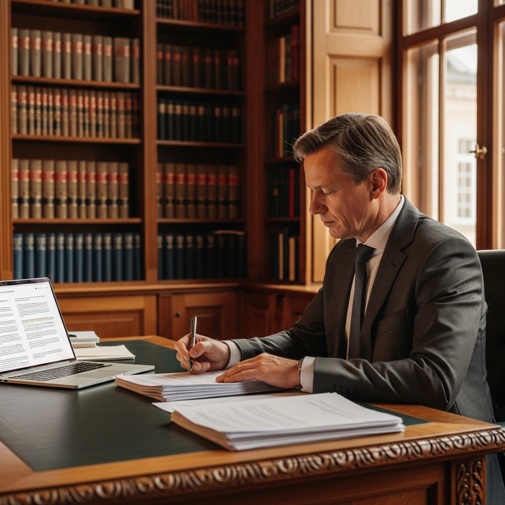 Kanzlei-Schreibtisch mit Akten und Bildschirm &ndash; KI priorisiert eingehende Mails und findet relevante Passagen in Dokumenten