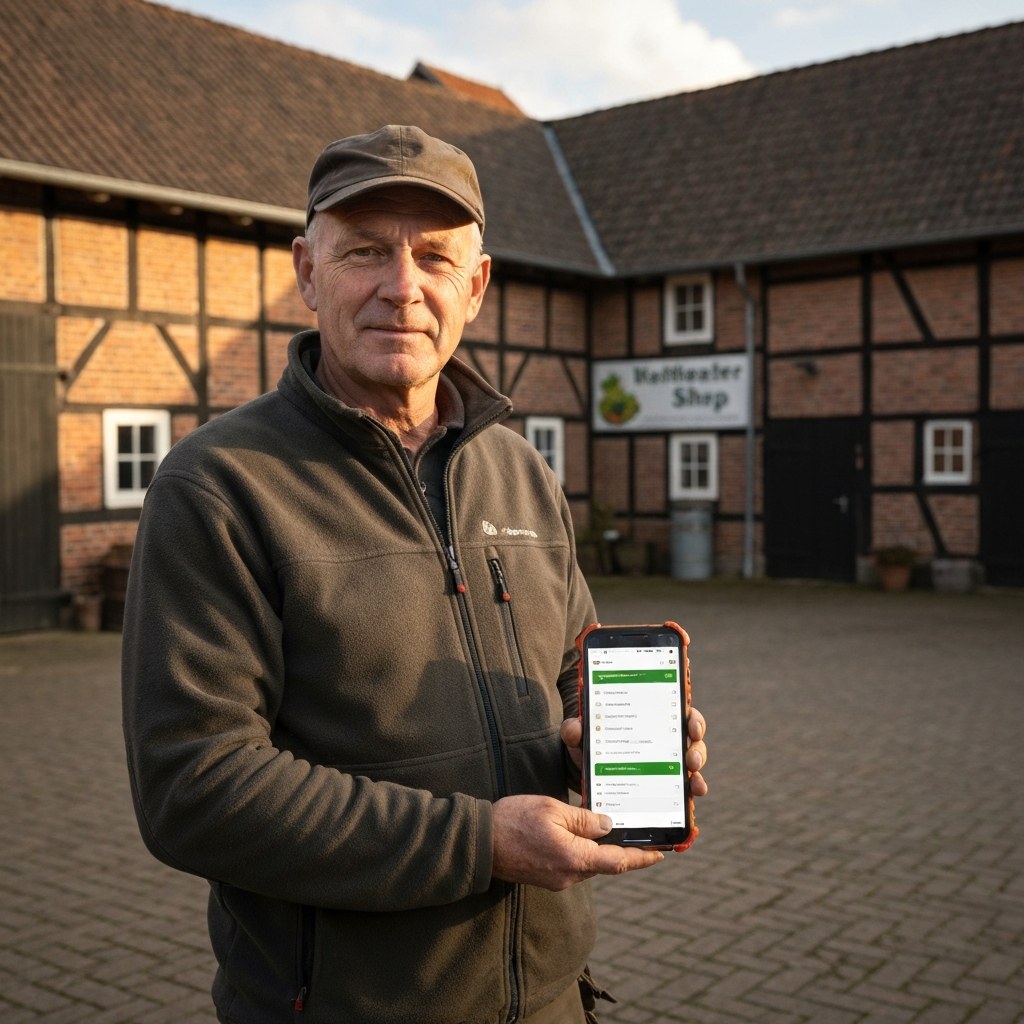 Landwirt am Hof-Schreibtisch mit Tablet und Telefon &ndash; KI unterstuetzt bei Buerokram, Direktvermarktung und Monitoring