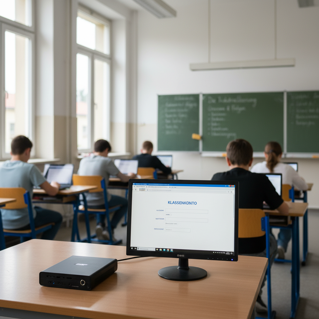 Klassenzimmer einer deutschen Realschule mit einem kleinen schwarzen Schul-Server auf dem Lehrer-Pult und Sch&uuml;lern an Notebooks im Hintergrund