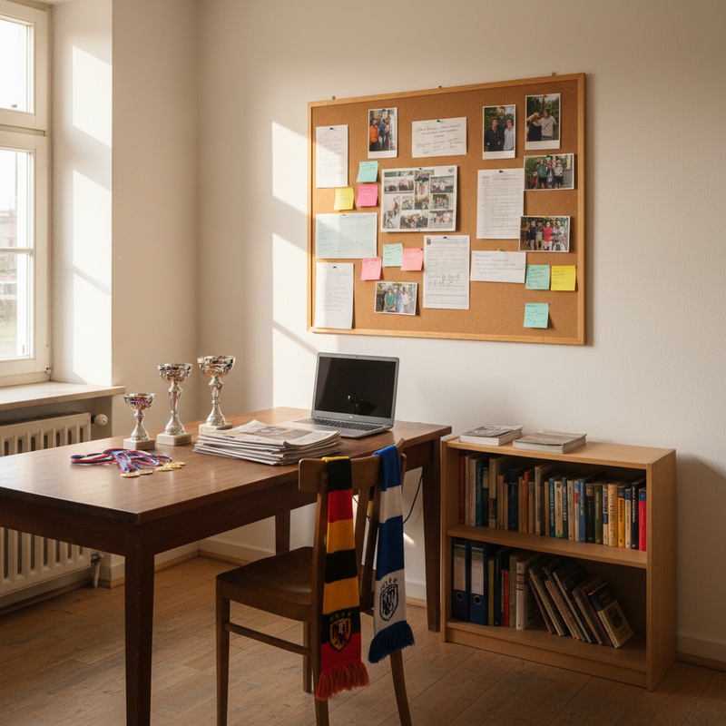 Vereins-Pinnwand mit Spielergebnissen, Kinoaushang und Buchtipps