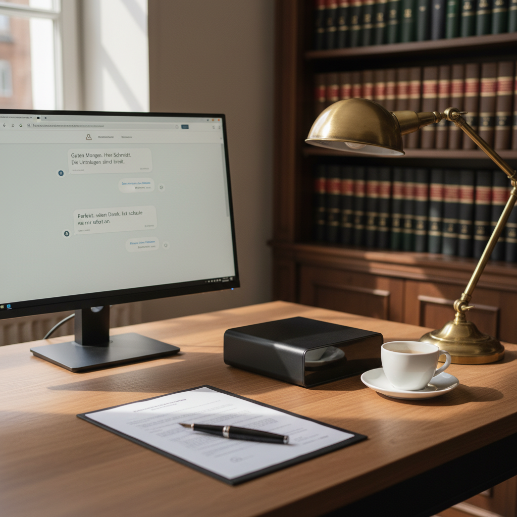 Schreibtisch einer deutschen Kanzlei mit kompaktem schwarzem Mini-Rechner neben Bildschirm mit Chat-Oberfläche, im Hintergrund Lederbände, Füller, gedruckter Vertrag und Messinglampe