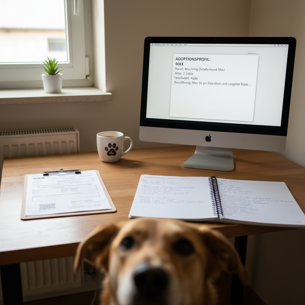 Schreibtisch im Vereins-Büro eines Tierheims mit Mini-Rechner und Bildschirm, auf dem ein halbfertiger Vermittlungstext zu sehen ist, daneben Hundenase, die unten ins Bild ragt, Karton mit Spendenformularen, helles Tageslicht durch Fenster
