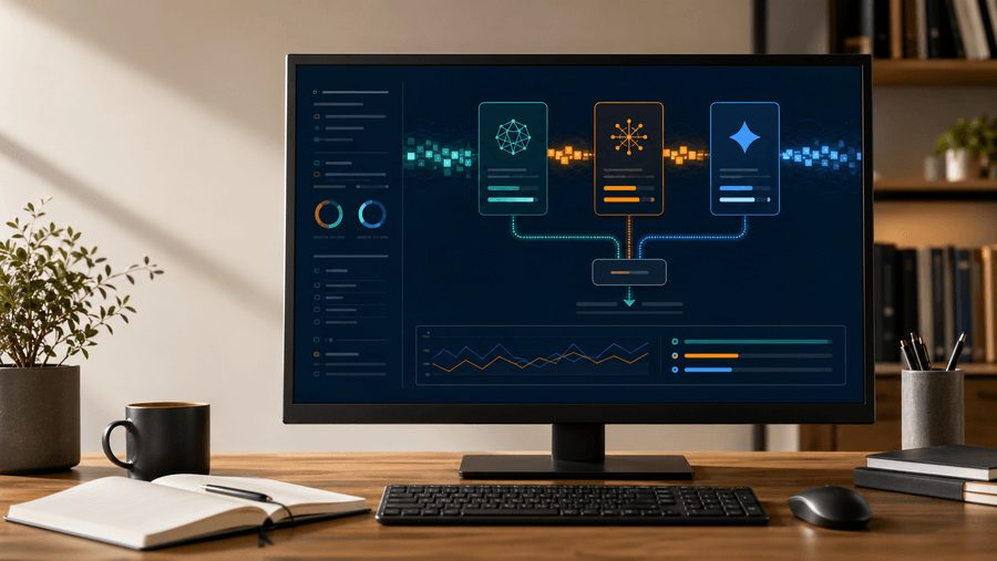 Monitor mit abstraktem Token-Dashboard, drei KI-Modellkarten und Kostenanzeigen für die Modellwahl