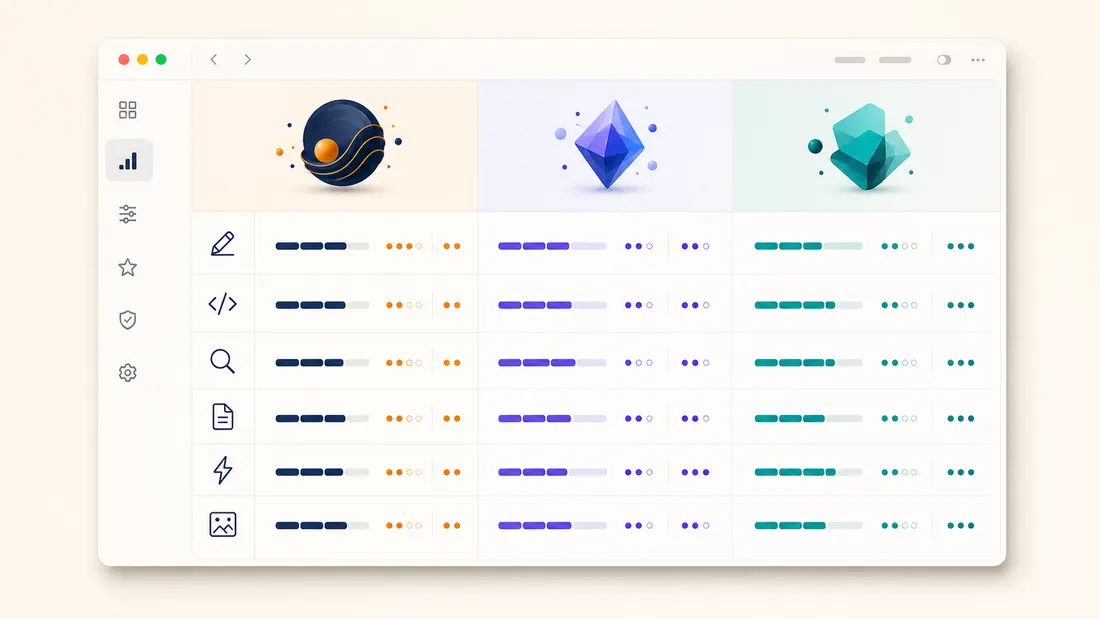 Vergleichs-Mockup mit drei KI-Modellfamilien, Aufgabenreihen und Leistungsbalken