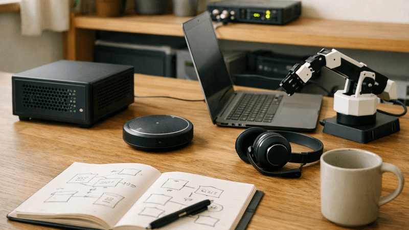 Schreibtisch in einem hellen Büro: ein kleiner Server mit grünen Leuchten, ein aufgeklappter Laptop, eine Konferenz-Freisprecheinrichtung, ein Kopfhörer, ein kleiner Roboterarm und ein Notizbuch mit skizzierten Abläufen, daneben eine Kaffeetasse