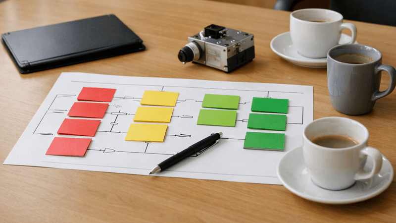 Besprechungstisch mit einem ausgedruckten Ablaufplan, auf dem rote, gelbe und grüne Haftnotizen in Spalten kleben, daneben ein Stift, ein Tablet, ein kleines Sensormodul und drei Kaffeetassen