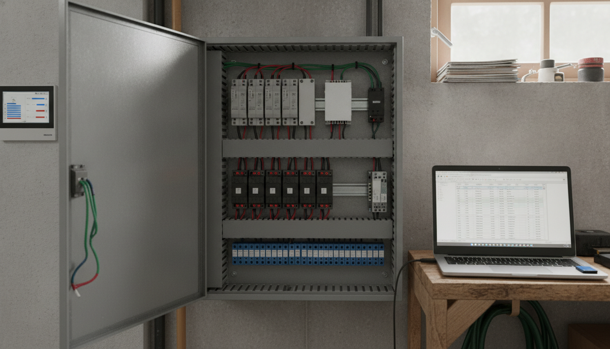 Geöffneter Verteilerschrank mit KNX-Aktoren und Busleitung, daneben ein Notebook mit Projektsoftware und an der Wand ein Bedienpanel
