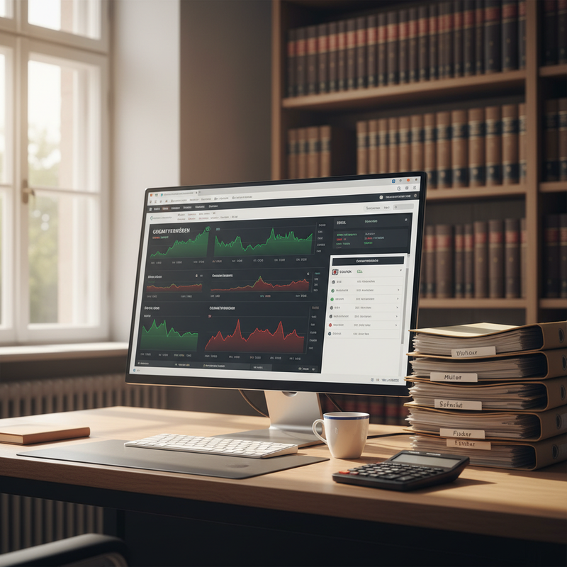 Krypto-Dashboard auf Bildschirm in Steuerberater-Kanzlei mit Aktenordnern