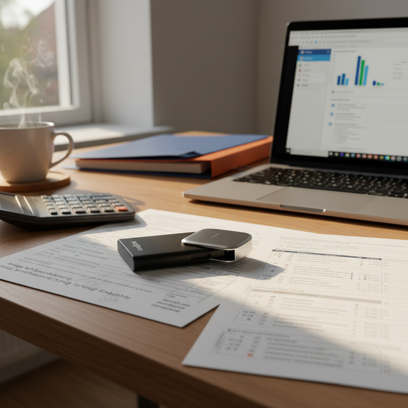 Deutscher Schreibtisch mit Hardware-Wallet auf Anlage SO, Taschenrechner, Kaffeetasse und Laptop mit Krypto-Steuer-Auswertung