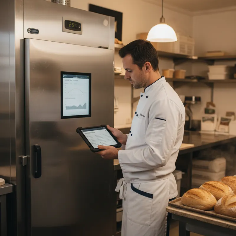 Bäcker mit Tablet vor Kühlhaus-Display, saubere Backstube mit frischem Brot