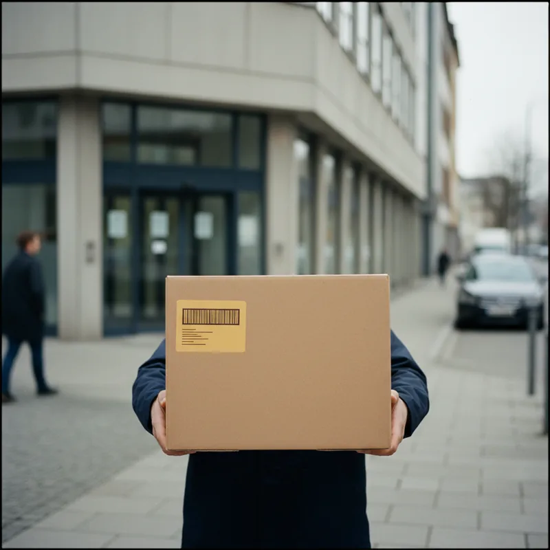 Lieferkurier übergibt einen Paketkarton mit gelbem Frachtbrief – Sinnbild für den digitalen Kurier kurierwerk©