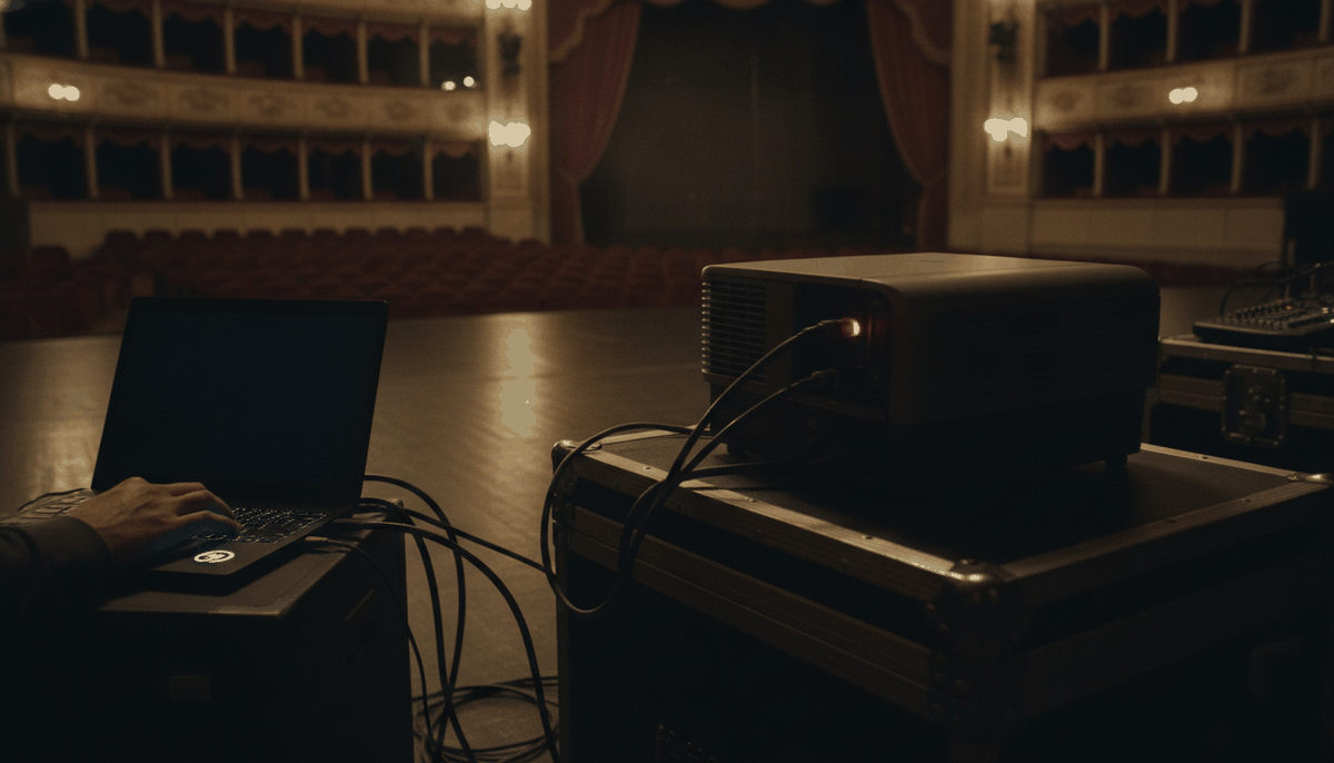 Symbolbild: Bühnenrand bei Nacht, der Projektorstrahl ist schwarz, nur die Status-LED leuchtet, eine Hand ruht auf der Laptoptastatur