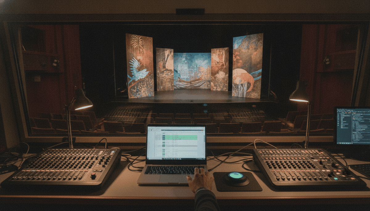 Symbolbild: Regiekabine eines Theaters bei Nacht, Laptop mit Cue-Liste und markierter Zeile, eine Hand über einer großen grünen Taste, Bühne mit Projektion im Fenster