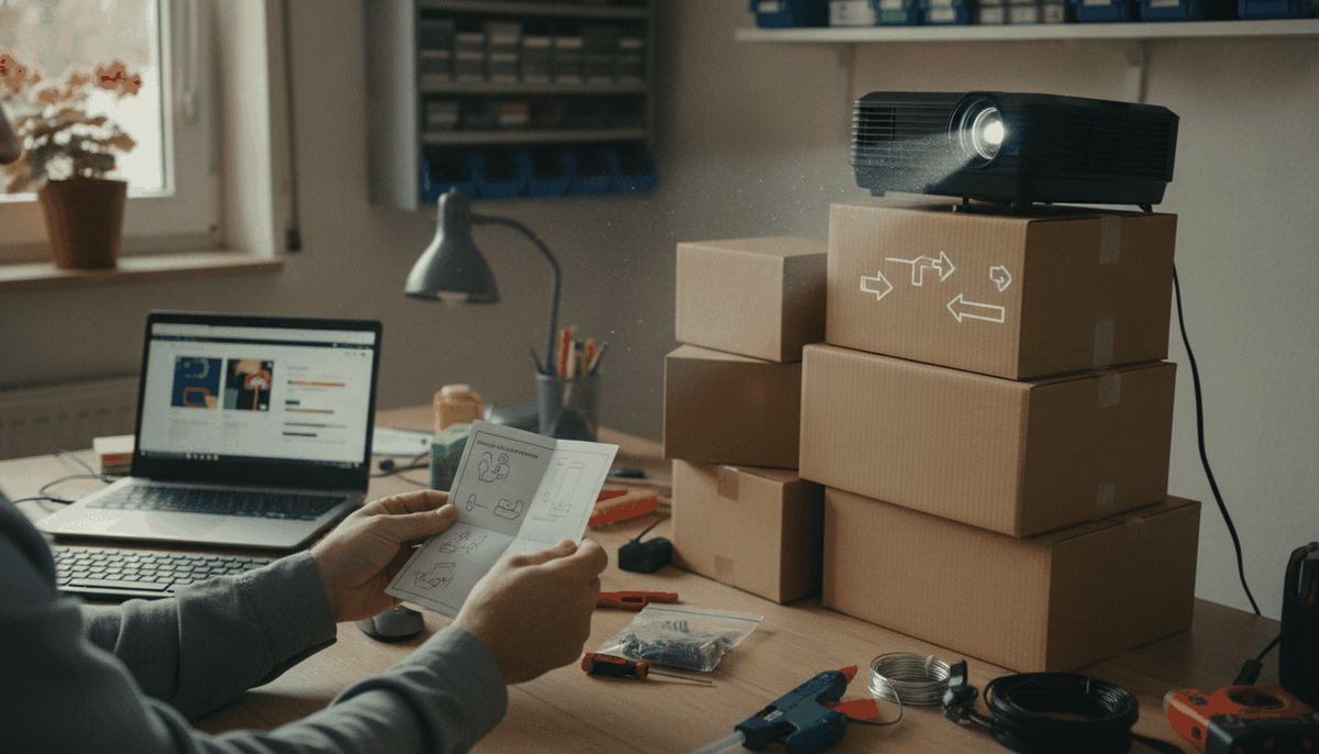 Symbolbild: Hobbyraum, Hände folgen einer kurzen gedruckten Anleitung, ein Projektor beleuchtet zum ersten Mal einen Stapel Kartons, Laptop mit Assistent