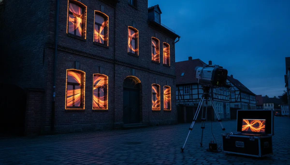 Altes Backsteinhaus zur blauen Stunde, warmes Licht genau in den Fensterbögen, davor Beamer auf Stativ und Laptop auf einem Transportkoffer