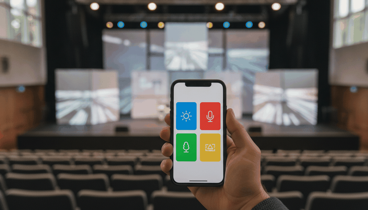 Symbolbild: Hand hält ein Smartphone mit vier großen farbigen Szenentasten, im Hintergrund eine Bühne mit Projektion auf Würfeln