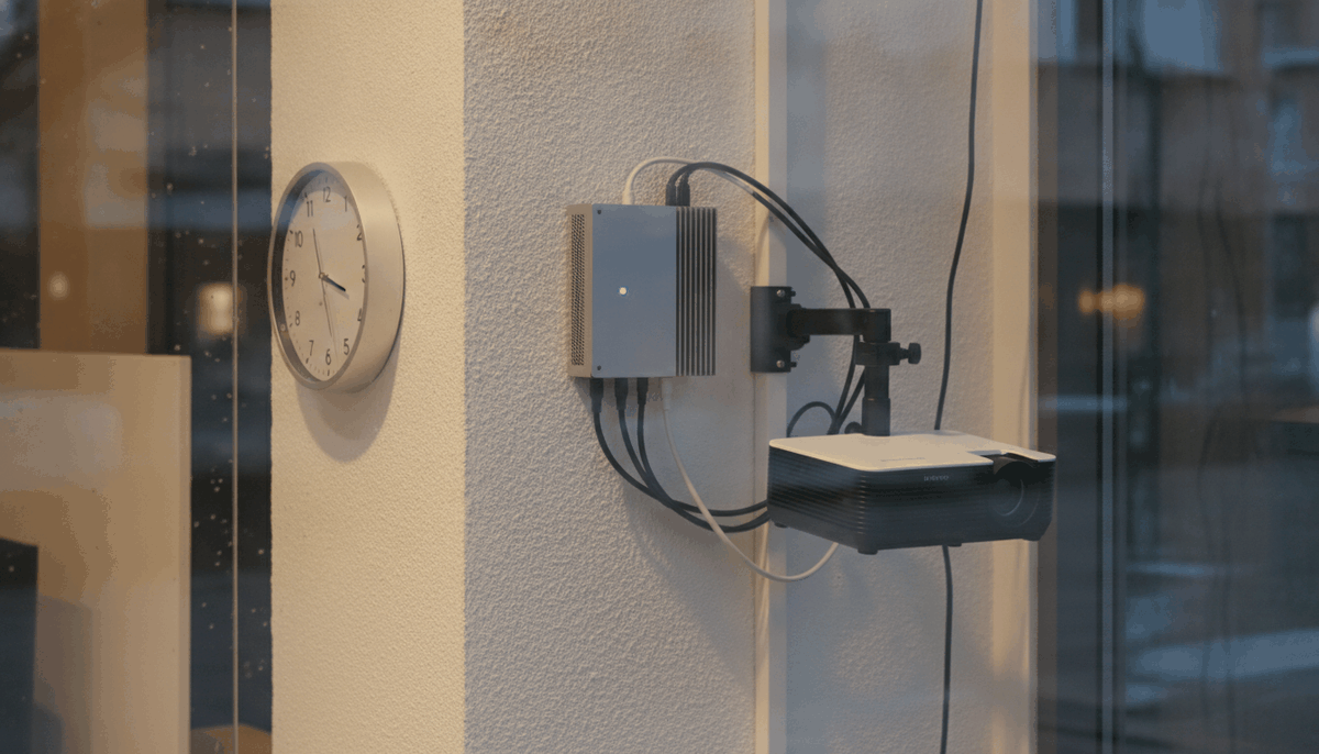 Symbolbild: Hinter einer Schaufensterwand ein lüfterloser Mini-PC mit leuchtender Status-LED, Halterung eines Kurzdistanzprojektors, ordentlich verlegte Kabel