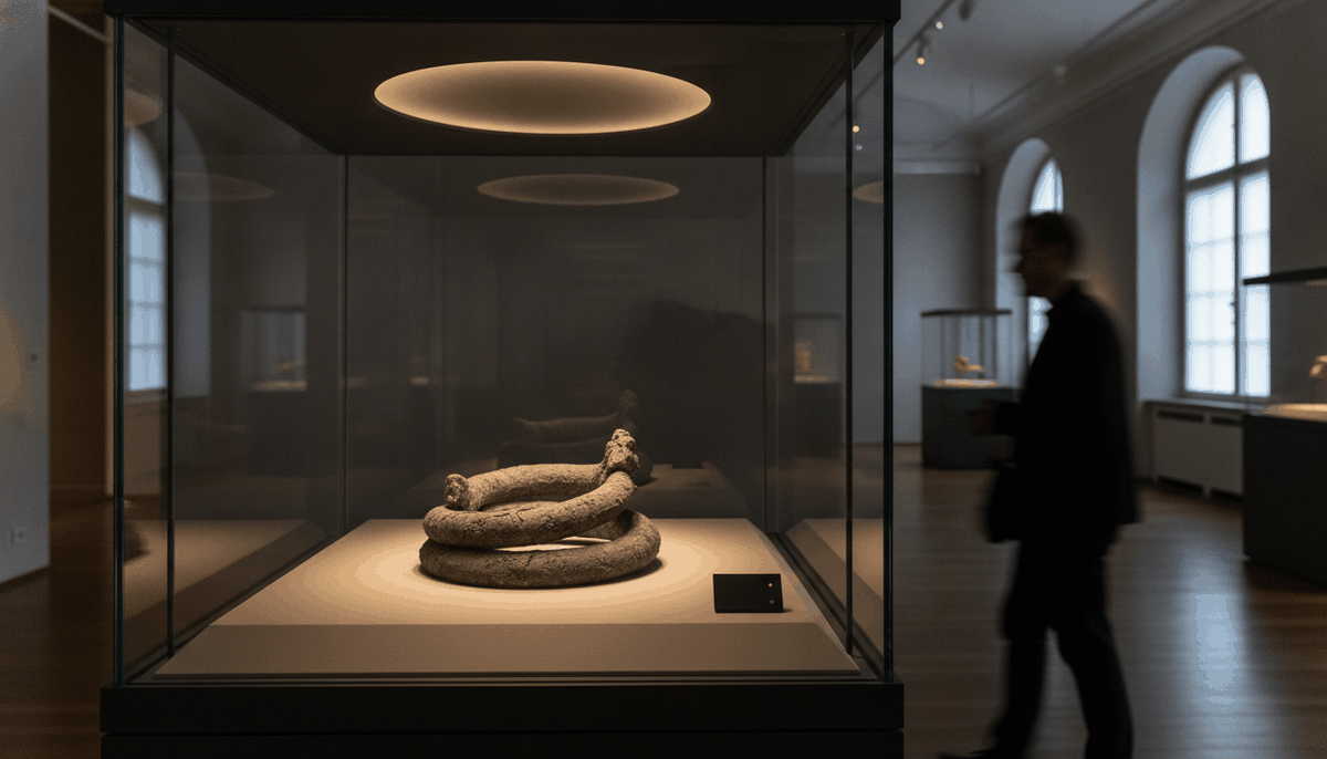 Symbolbild: Museumsvitrine mit einem alten Objekt im weichen projizierten Lichtring, kleiner Sensor am Sockelrand, Silhouette eines Besuchers von der Seite