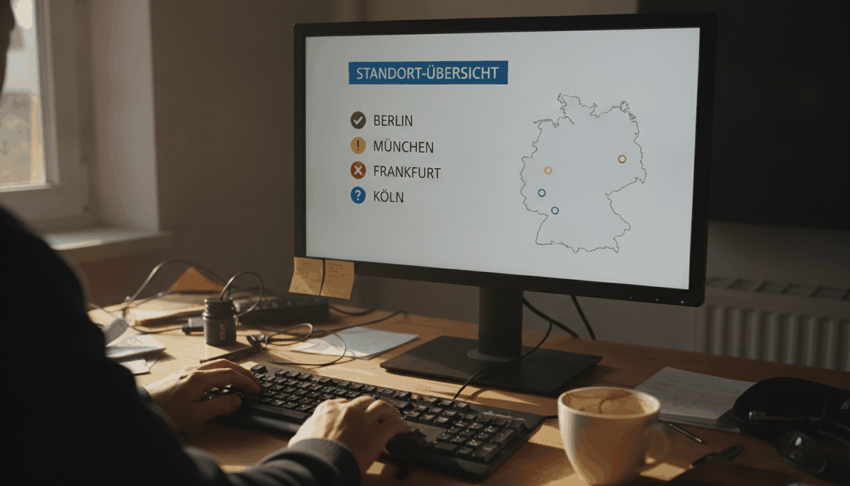 Symbolbild: Büro mit Wandmonitor, der eine Liste von vier Ladenstandorten mit Statusmarken und einer kleinen Karte zeigt, Hände an der Tastatur