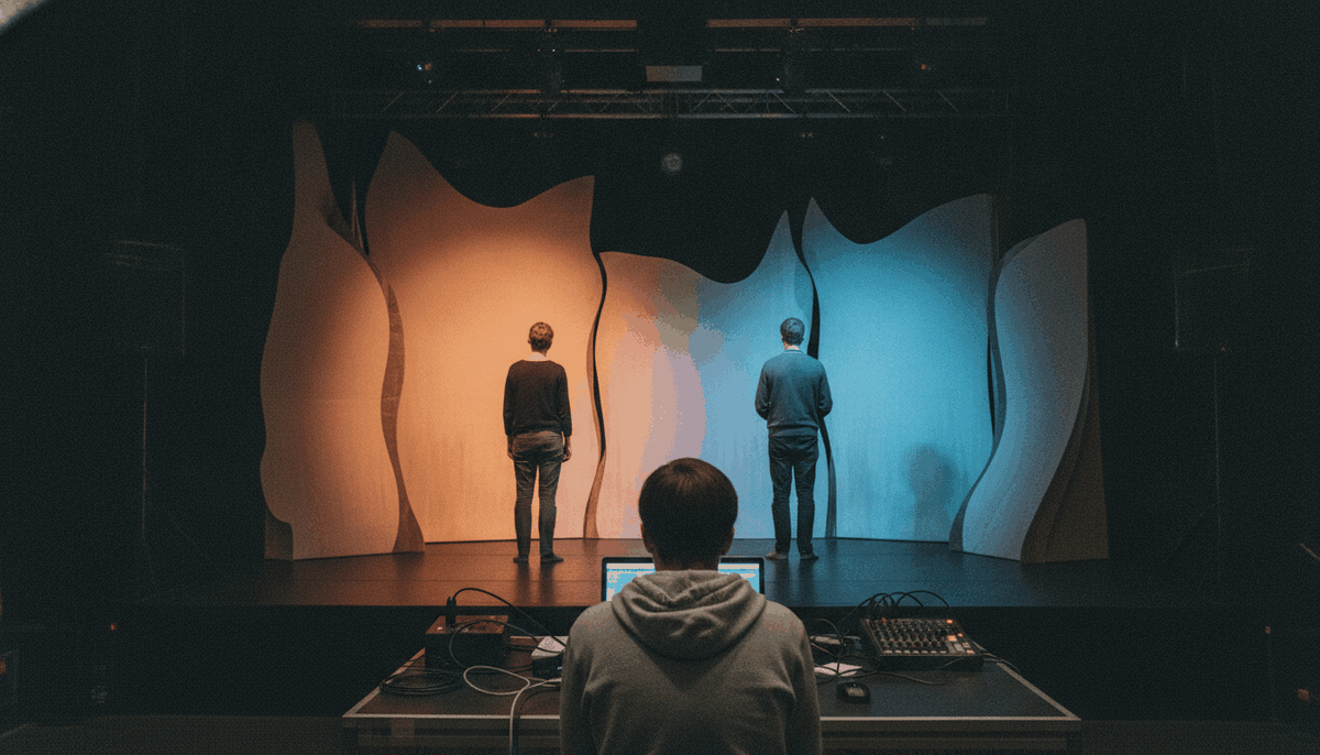 Symbolbild: Kleine Theaterbühne bei der Probe, zwei farbige Projektionen auf Kulissen im Übergang von Orange zu Blau