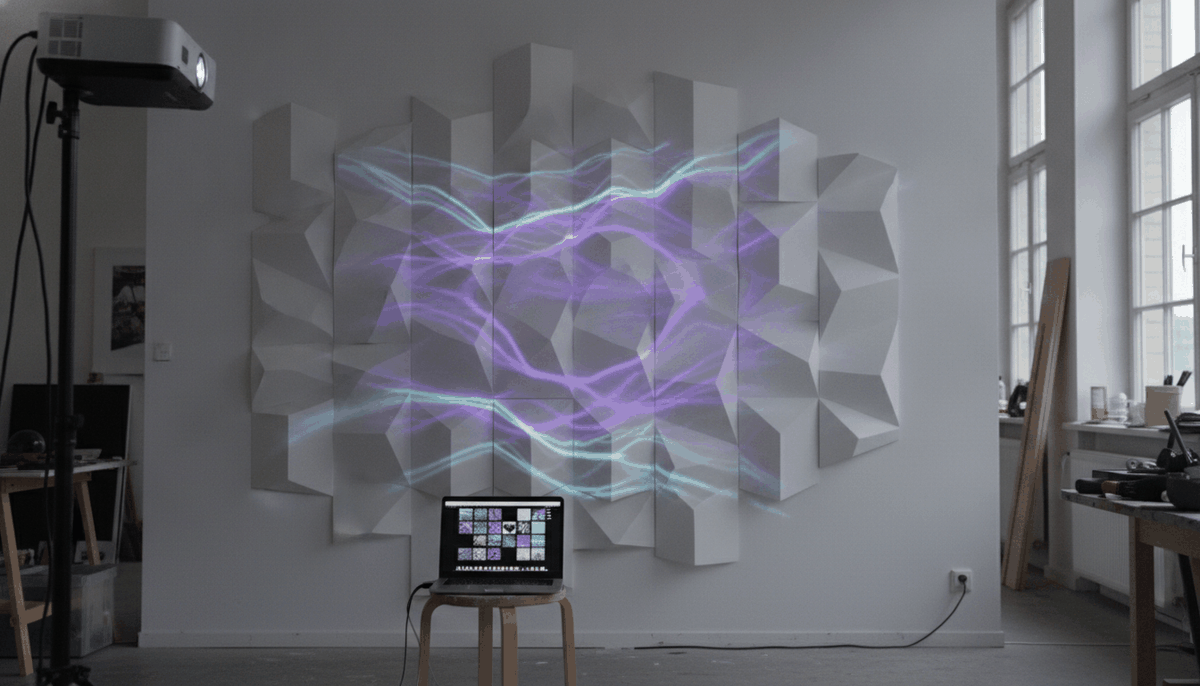 Symbolbild: Atelierwand, ein Projektor malt fließende Wellenmuster in Violett und Cyan über weiße Reliefpaneele, Laptop mit Mustervorschau
