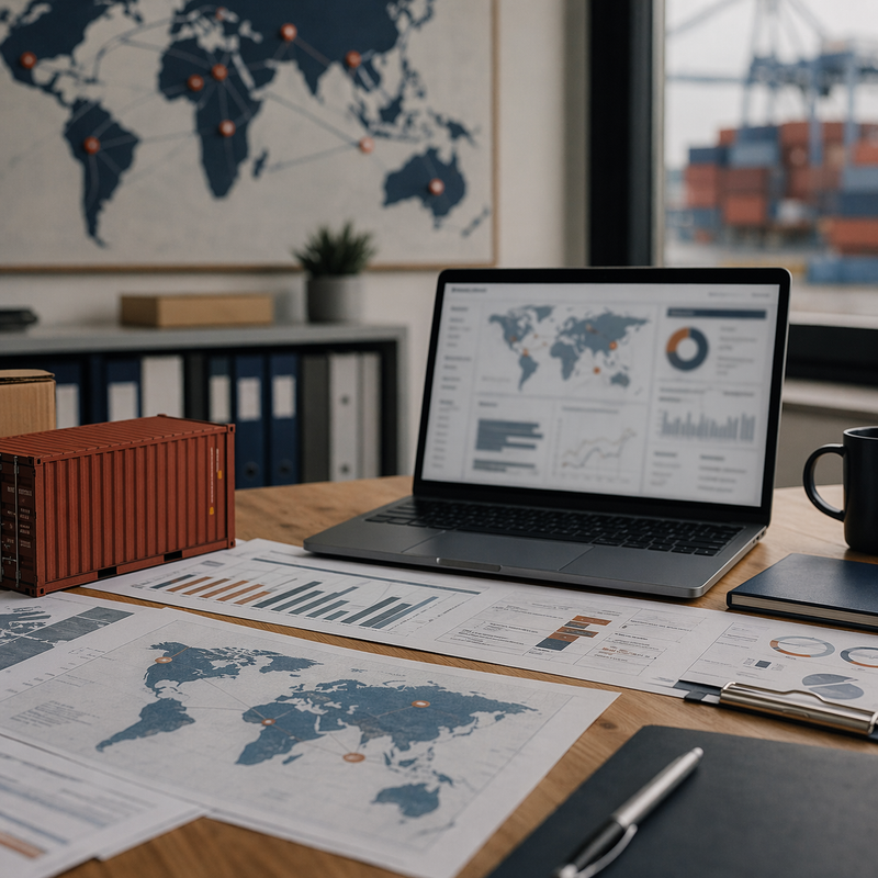 Seriöses Lieferketten-Monitoring mit Logistikunterlagen, Karte, Containerbezug und nüchterner Management-Atmosphäre.