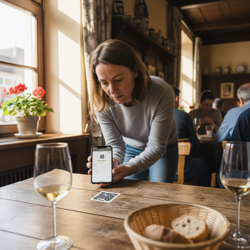 Restaurant-Tisch mit linkx-QR-Code, Gast scannt mit Smartphone und gibt anonymes Feedback ab