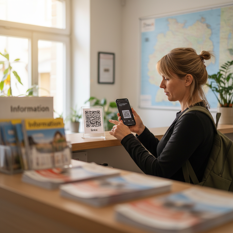 Tourist-Information mit linkx-QR-Aufsteller, internationale Besucherin scannt mit Smartphone und sieht Inhalt in eigener Sprache