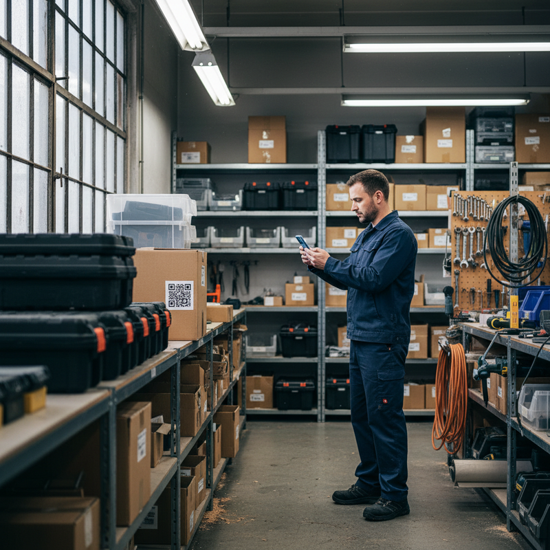 Werkstatt-Lager mit Regalen und Werkzeugkisten, Handwerker scannt linkx-QR an Materialbox und dokumentiert Entnahme