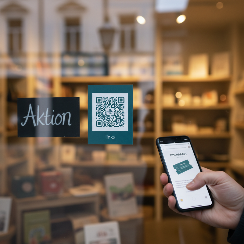 Schaufenster-Aktion – Rabattcode bis Scan 50, danach normale Bestellseite. Ohne neuen Druck.