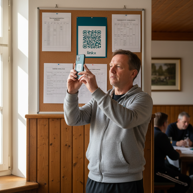 Vereinsheim – Saisonales Trainingsprogramm – der QR auf der Pinnwand zeigt automatisch das Aktuelle.