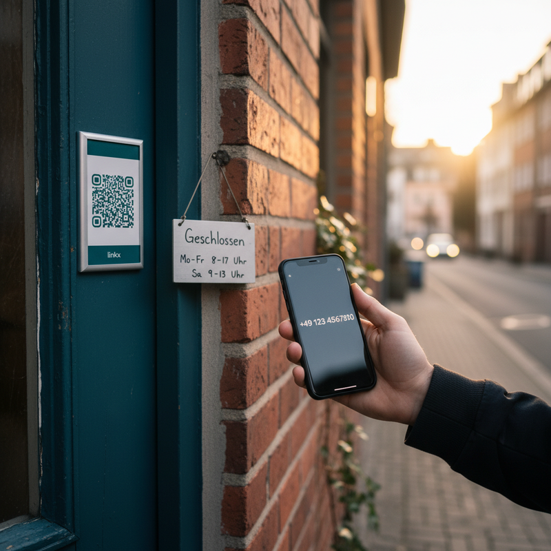Werkstatt-Tür – Werktags Werkbank-Termin, abends Notdienst-Telefon. Ein Aufkleber regelt beides.