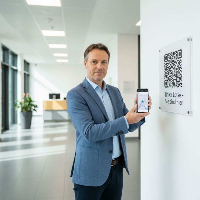 Wandschild mit linkx-QR-Code im Foyer, Besucher scannt mit Smartphone und sieht Indoor-Karte mit Wegführung