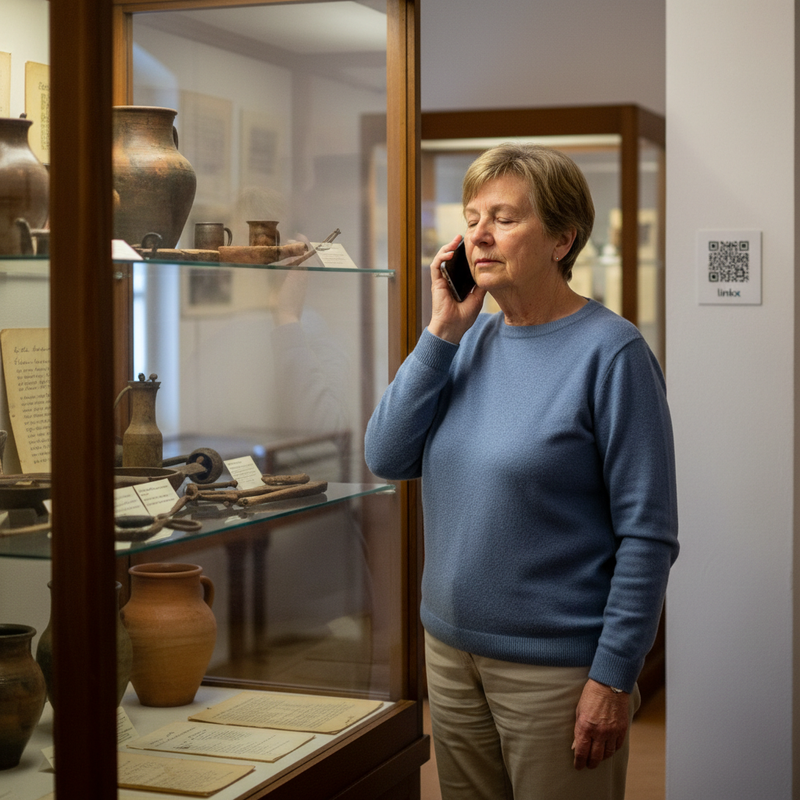 Heimatmuseum-Vitrine mit linkx-QR-Aufkleber, ältere Besucherin hört Audio-Botschaft am Smartphone