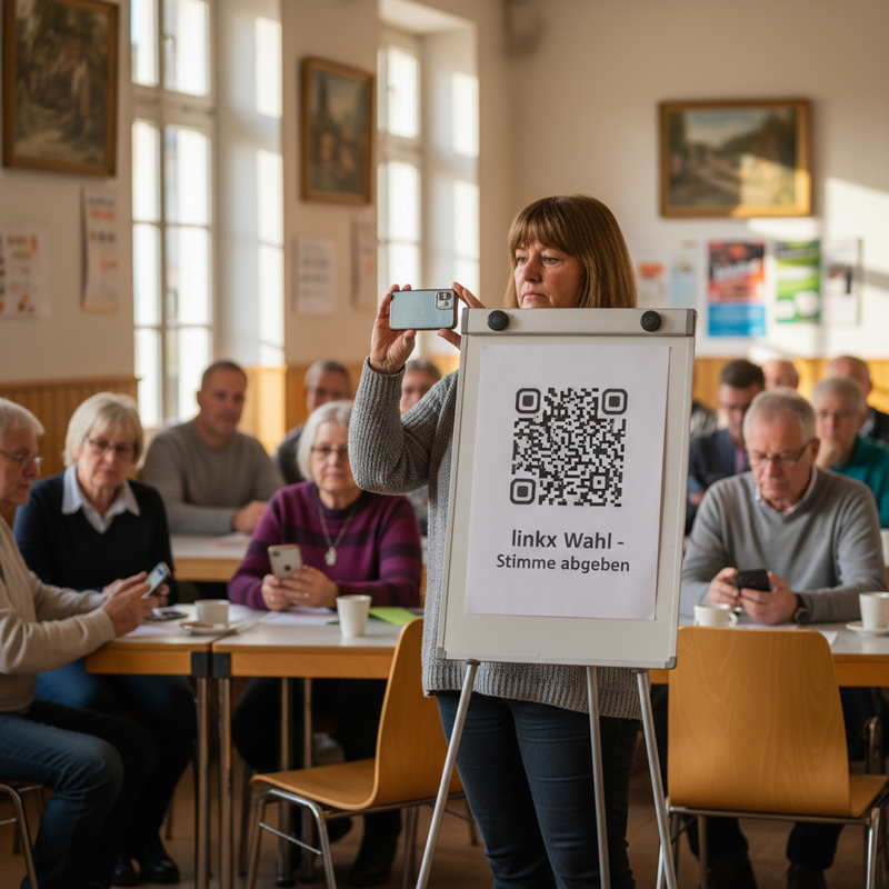 Schulgebäude mit linkx-QR-Schild im Eingang, Schüler scannt mit Smartphone