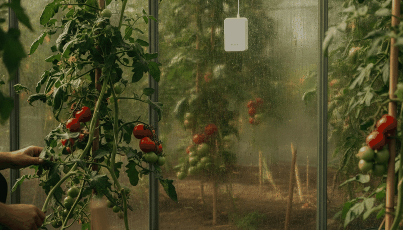 Funk-Klimasensor zwischen Tomatenpflanzen im Gewächshaus