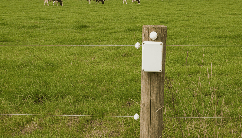Funksensor an einem Holzpfahl neben einem Weidezaun