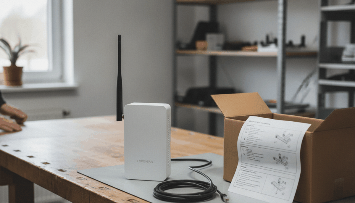 LoRaWAN-Gateway mit Antenne auf einem Arbeitstisch vor dem Versand