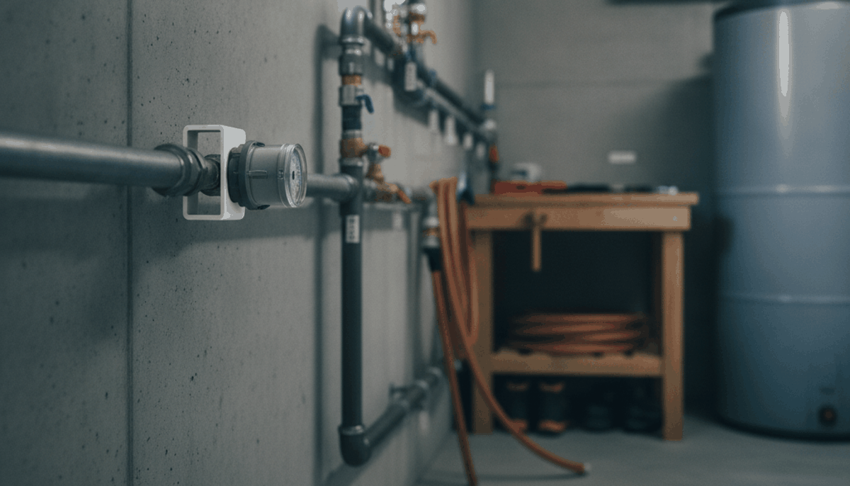 Funksensor an einem Wasserzähler in einem Kellerraum
