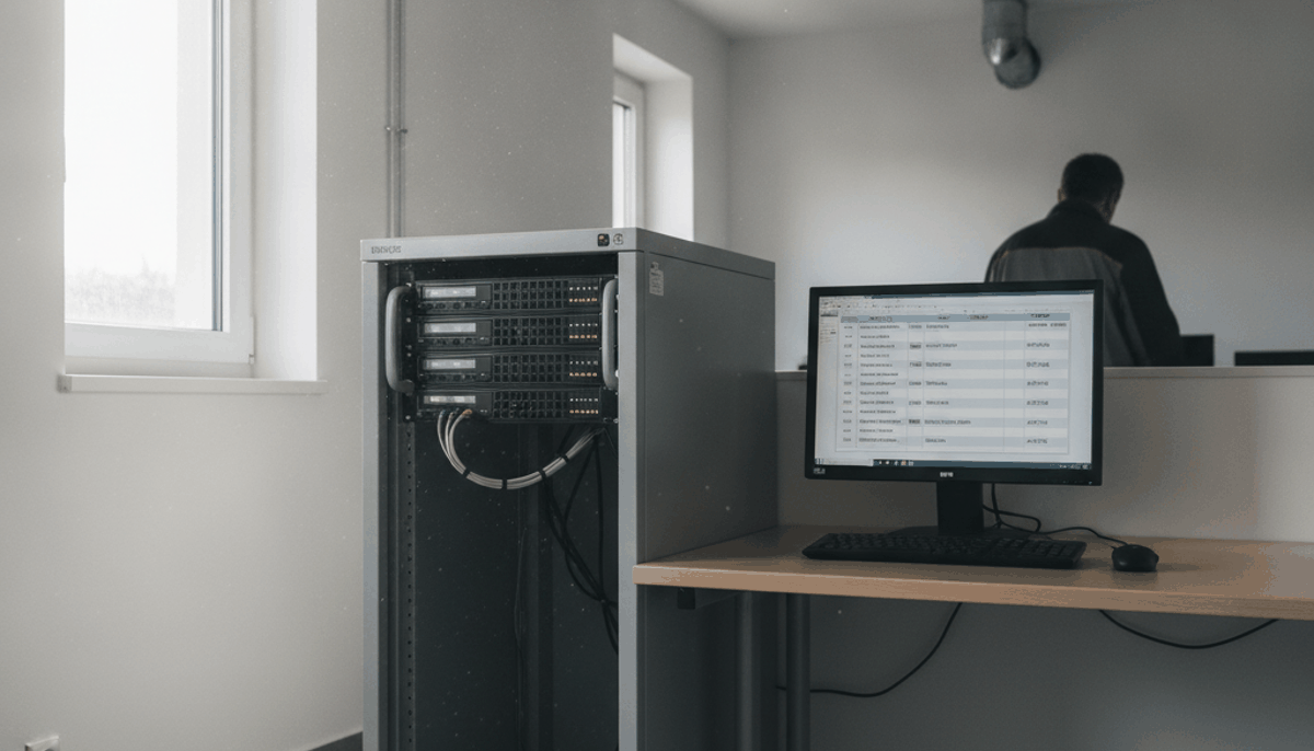 Serverschrank mit Übersicht über LoRaWAN-Geräte auf einem Bildschirm