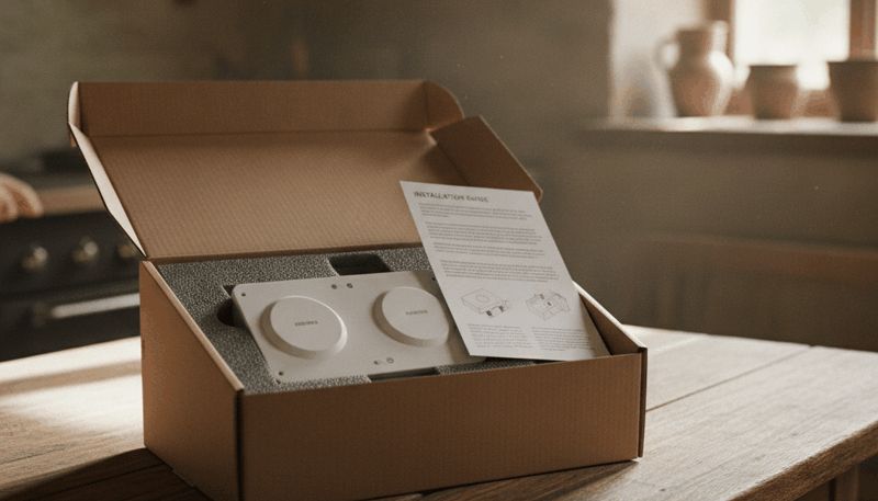 Geöffnetes Versandpaket mit vorkonfiguriertem Gateway, beschrifteten Sensoren und Anleitung