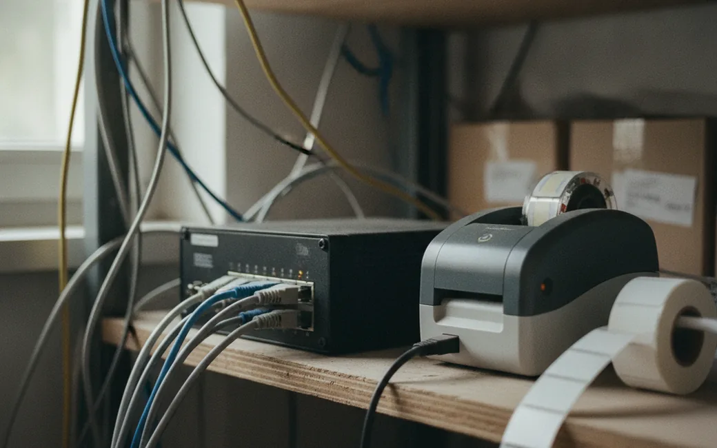 Patchfeld, kleiner Server und Etikettendrucker auf einem Regalbrett in einem Technikraum