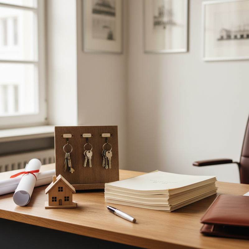 Makler-Schreibtisch mit Grundriss-Plänen, Hausschlüsseln, Klappboard, Visitenkarten und aufgeräumten Objektordnern